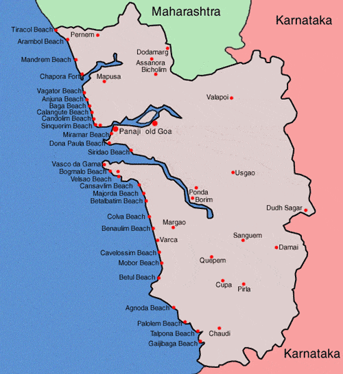 Karta över Goa och Goas stränder