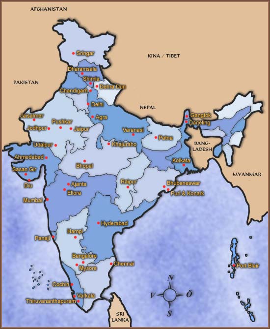 Karta över några viktiga orter och platser i Indien